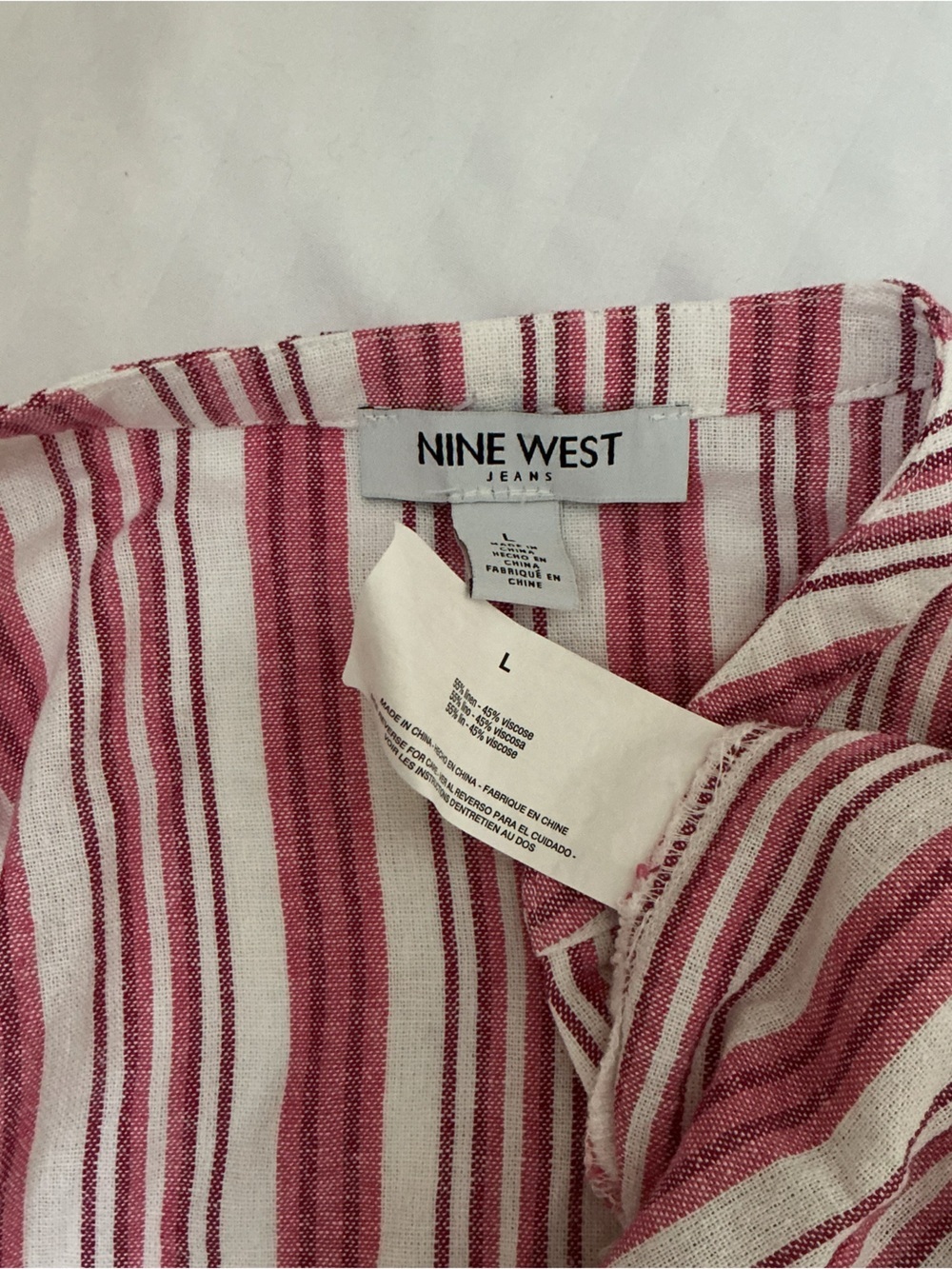 Nine West Pink and White Linen blend Striped Button-Down V-Neck Shirt - Picture 6 of 7